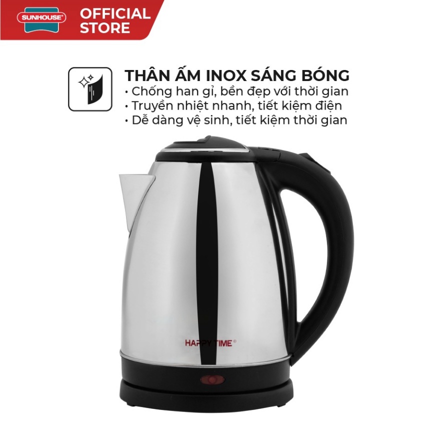 Ấm siêu tốc Inox 1.8L SUNHOUSE Happy Time HTD1088 chất liệu Inox cao cấp bảo hành 12 tháng