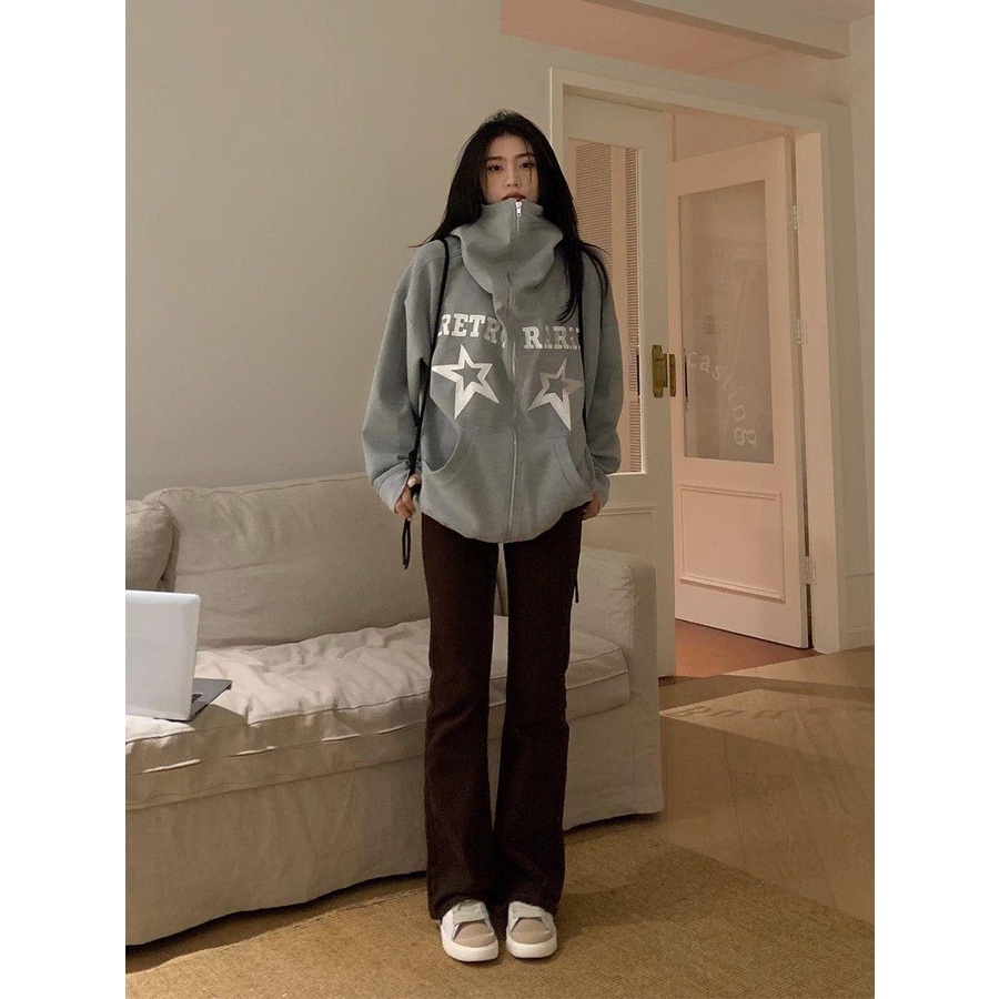 Áo Khoác hoodie Cổ Cao Dáng Rộng In Hình Ngôi Sao Phong Cách retro Mỹ Thời Trang Mùa Thu Cho Nữ