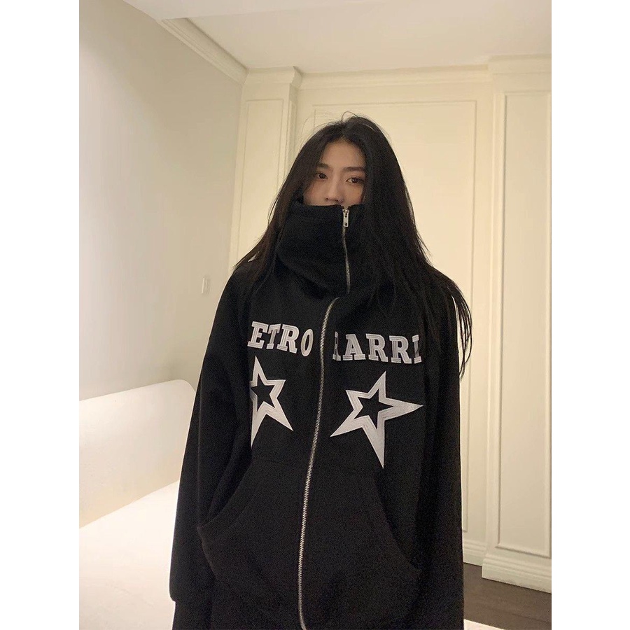 Áo Khoác hoodie Cổ Cao Dáng Rộng In Hình Ngôi Sao Phong Cách retro Mỹ Thời Trang Mùa Thu Cho Nữ
