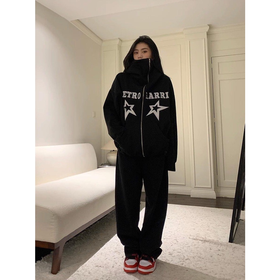 Áo Khoác hoodie Cổ Cao Dáng Rộng In Hình Ngôi Sao Phong Cách retro Mỹ Thời Trang Mùa Thu Cho Nữ