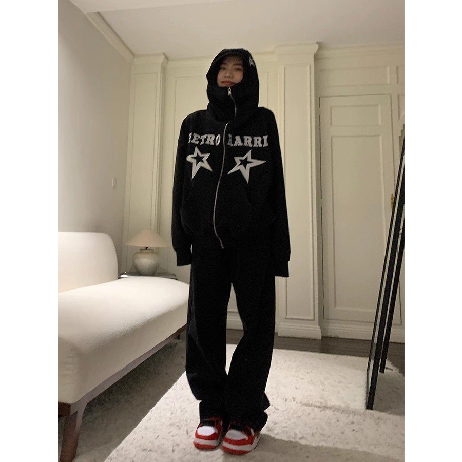 Áo Khoác hoodie Cổ Cao Dáng Rộng In Hình Ngôi Sao Phong Cách retro Mỹ Thời Trang Mùa Thu Cho Nữ