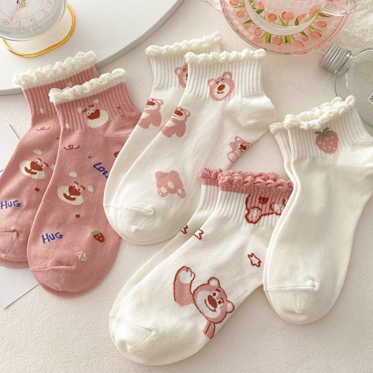 Set 5 Đôi Tất Vớ Nữ Họa Tiết Gấu Hồng Cổ Bèo Dễ Thương Phong Cách Hàn Myna Bra tt23