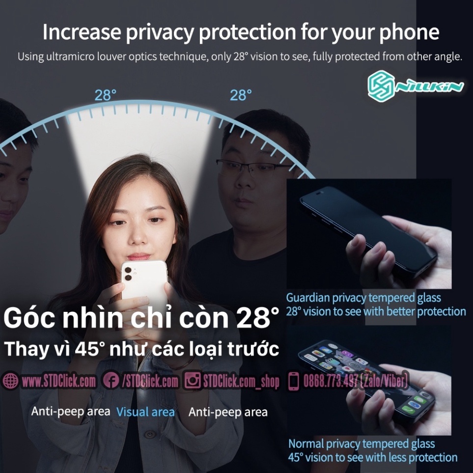 KÍNH CƯỜNG LỰC IPHONE 15 PRO MAX - 15 PRO - 15 PLUS - 15 NILLKIN GUARDIAN CHỐNG NHÌN TRỘM CHÍNH HÃNG