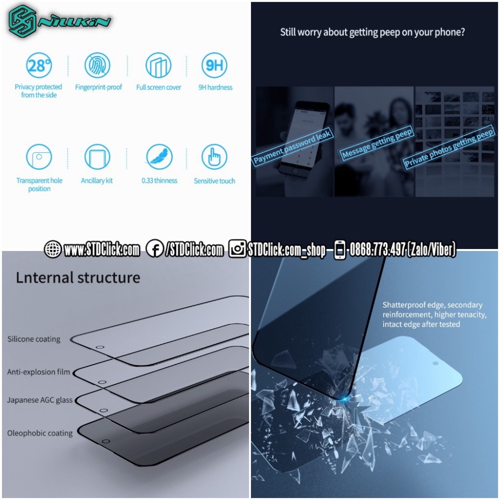 KÍNH CƯỜNG LỰC IPHONE 15 PRO MAX - 15 PRO - 15 PLUS - 15 NILLKIN GUARDIAN CHỐNG NHÌN TRỘM CHÍNH HÃNG