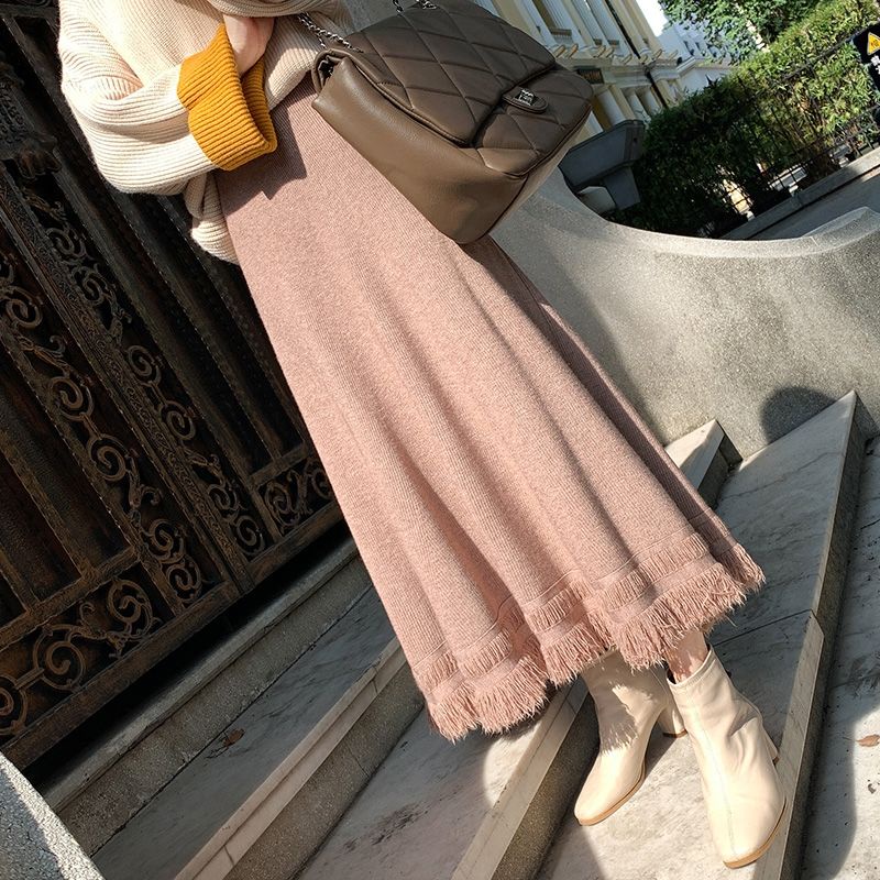 Jiashucheng Chân Váy Len Dệt Kim Dáng Chữ a Viền Tua Rua Dài Vừa Phải Dày Dặn Lưng Cao retro Thu Đông 21