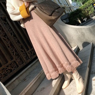  Jiashucheng Chân Váy Len Dệt Kim Dáng Chữ a Viền Tua Rua Dài Vừa Phải Dày Dặn Lưng Cao retro Thu Đông 21 