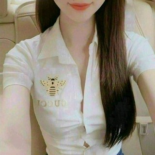 Áo sơ mi cổ bẻ phối hình chữ vàng ngắn BC