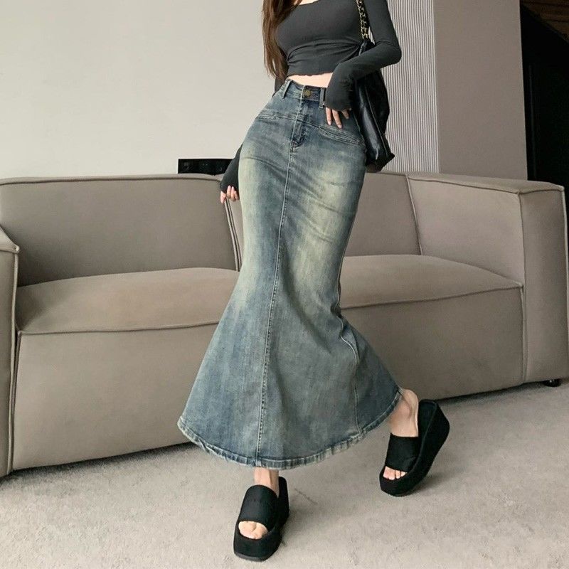 Jiashucheng Chân Váy denim Đuôi Cá Lưng Cao Màu Xanh Dương Phong Cách retro Thời Trang Mùa Hè Mới Dành Cho Nữ