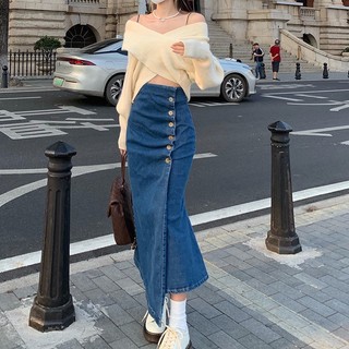 Jiashucheng Chân Váy denim Đuôi Cá Xẻ Tà Thời Trang Mùa Hè Cho Nữ