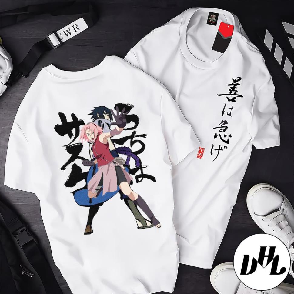 Áo thun nam nữ chữ hình sakura và sasuke, Áo thun Anime Manga truyện tranh naruto Unisex Nam Nữ