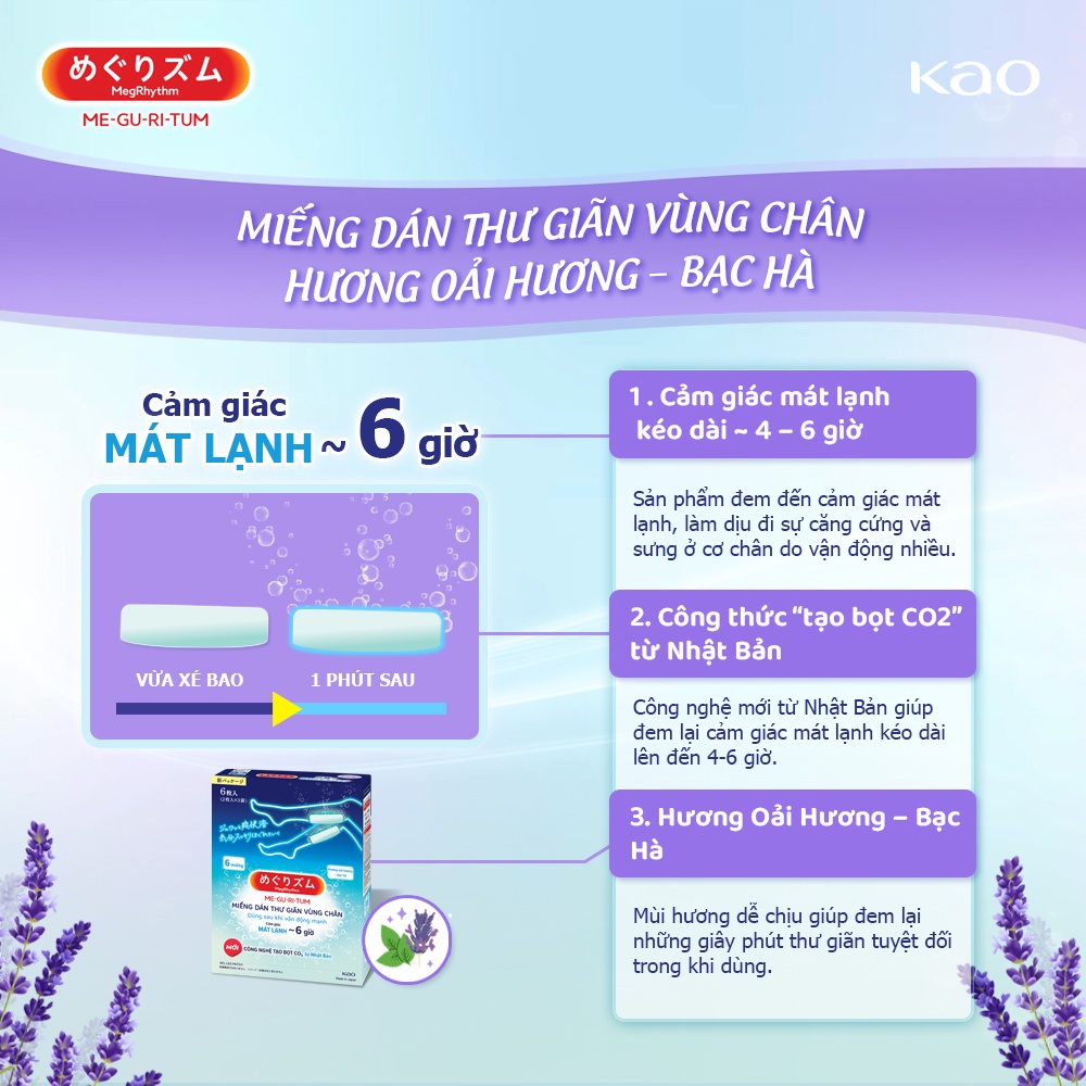 Miếng Dán Xông Hơi Thư Giãn MegRhythm Vùng Chân Carbonation Softened - Hương Oải Hương & Bạc Hà