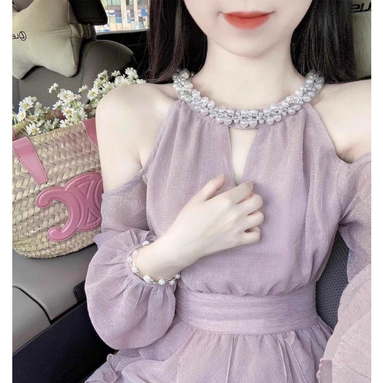 Đầm Dài Hở Vai Tay Dài Đính Ngọc Trai Thời Trang Dành Cho Nữ