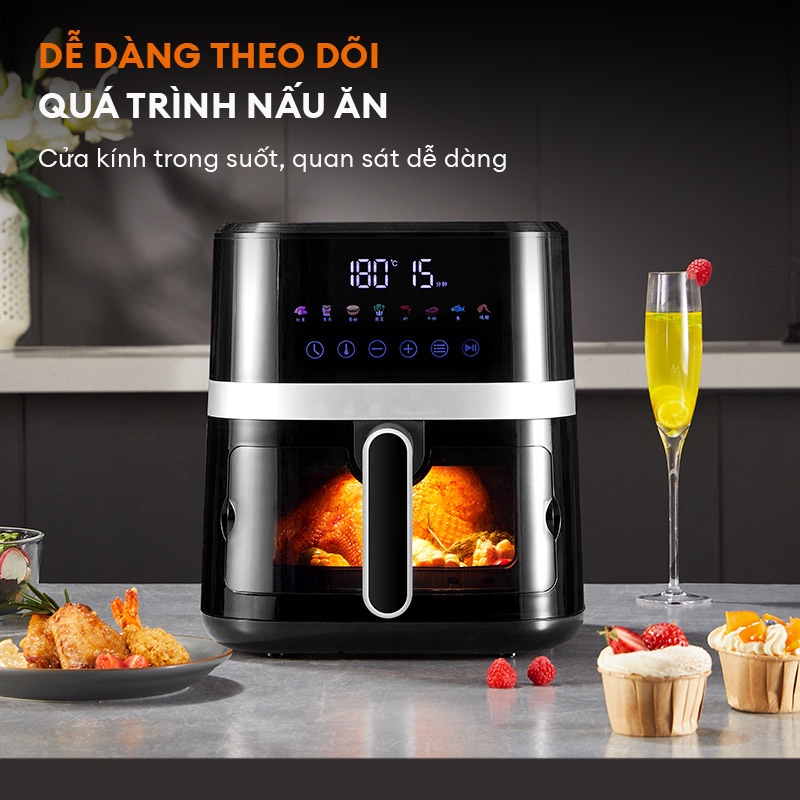 Nồi chiên không dầu GABOR AF65T-BK01A dung tích 6.5L công suất 1500W cửa kính trong suốt có đèn, màn hình cảm ứng - Hàng