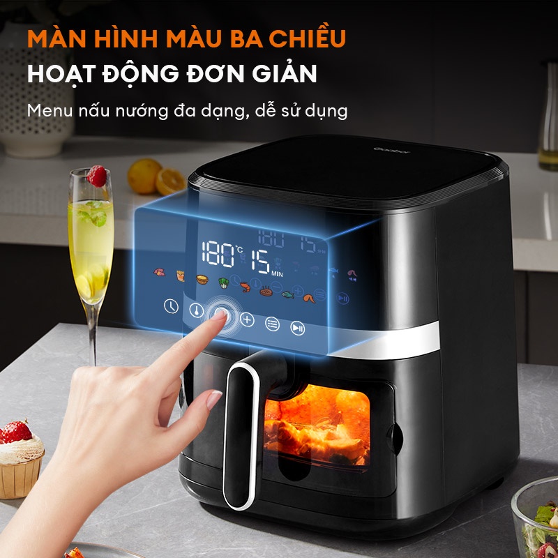 Nồi chiên không dầu GABOR AF65T-BK01A dung tích 6.5L công suất 1500W cửa kính trong suốt có đèn, màn hình cảm ứng - Hàng