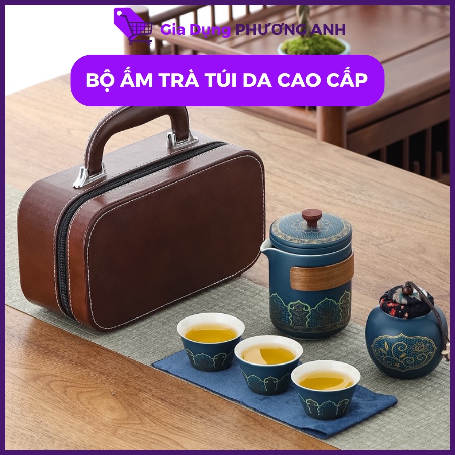 Bộ Ấm Trà Gốm Sứ Tráng Men Du Lịch, Bộ Ấm Chén Đựng Trong Túi Xách Cao Cấp