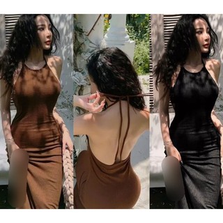 Đầm yếm trơn hở lưng ôm body dáng dài cực tôn dáng sexy , chất thun gân dày dặn