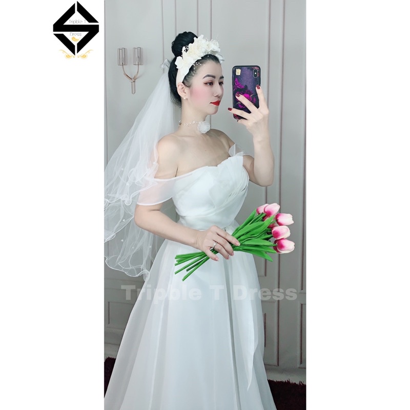 Đầm maxi mặc cưới TRIPBLE T DRESS trễ vai xếp ly siêu xinh - Size S/M/L
