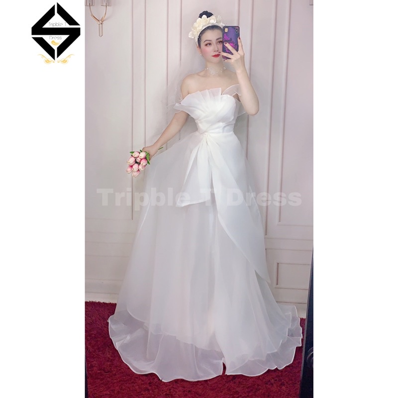 Đầm maxi mặc cưới TRIPBLE T DRESS trễ vai xếp ly siêu xinh - Size S/M/L