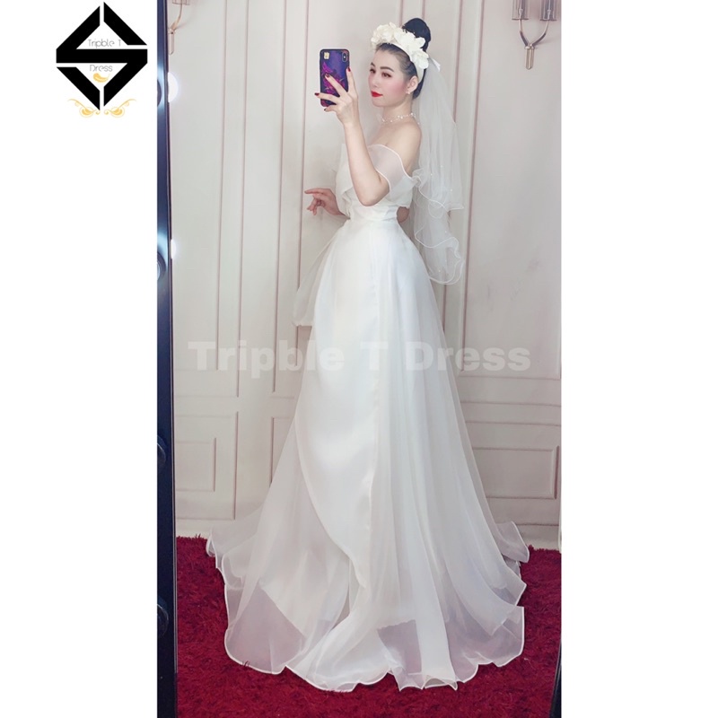 Đầm maxi mặc cưới TRIPBLE T DRESS trễ vai xếp ly siêu xinh - Size S/M/L
