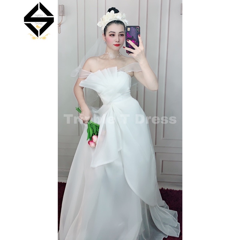 Đầm maxi mặc cưới TRIPBLE T DRESS trễ vai xếp ly siêu xinh - Size S/M/L