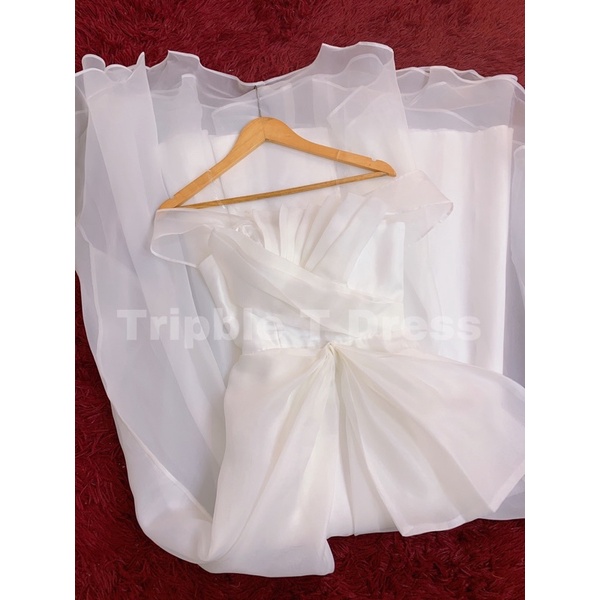 Đầm maxi mặc cưới TRIPBLE T DRESS trễ vai xếp ly siêu xinh - Size S/M/L