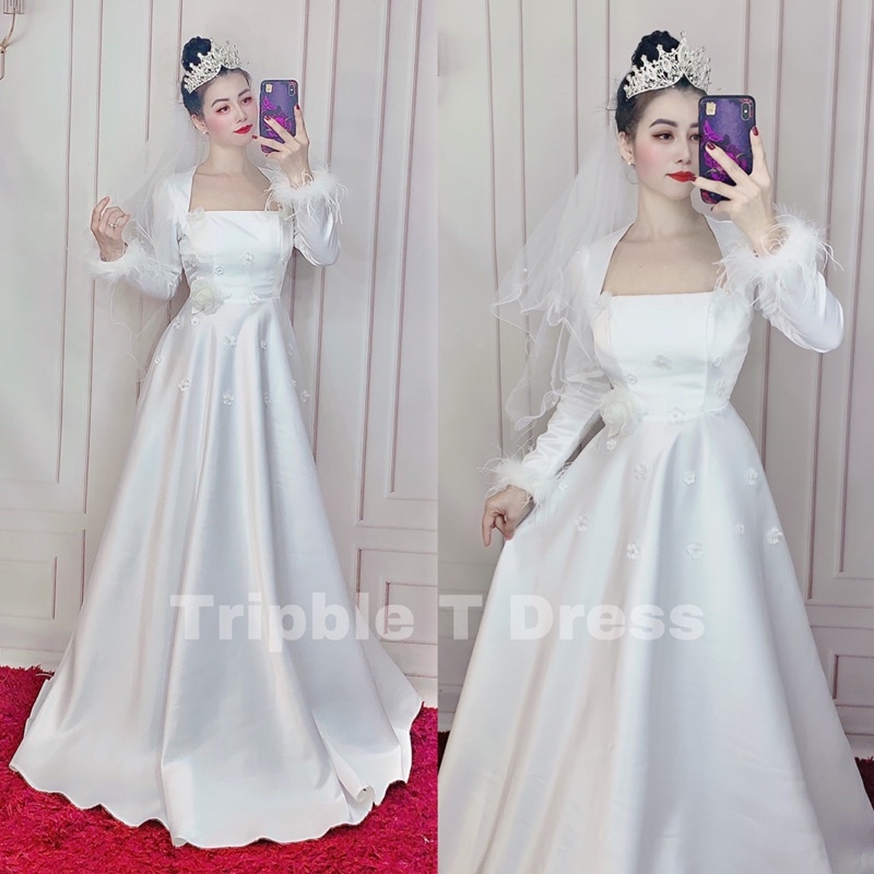 Đầm maxi mặc cưới TRIPBLE T DRESS cổ U tay dài đính hoa - size S/M/L
