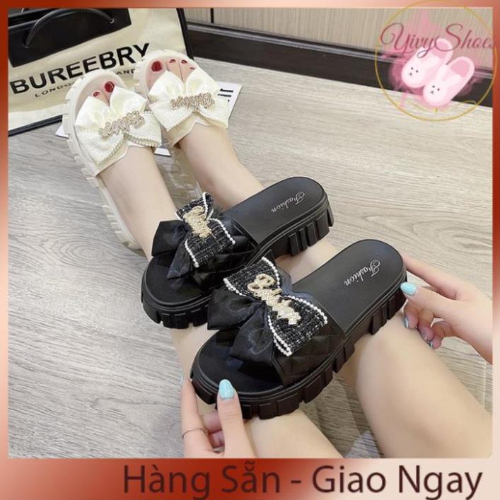 Dép Nữ Quai Ngang Đính Nơ Chữ Độn Đế Răng Cưa Siêu Đẹp