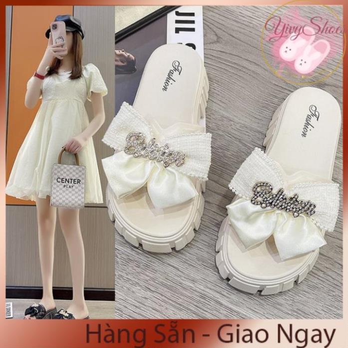 Dép Nữ Quai Ngang Đính Nơ Chữ Độn Đế Răng Cưa Siêu Đẹp