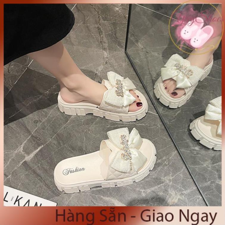 Dép Nữ Quai Ngang Đính Nơ Chữ Độn Đế Răng Cưa Siêu Đẹp