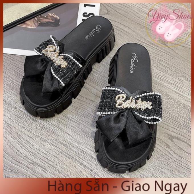 Dép Nữ Quai Ngang Đính Nơ Chữ Độn Đế Răng Cưa Siêu Đẹp