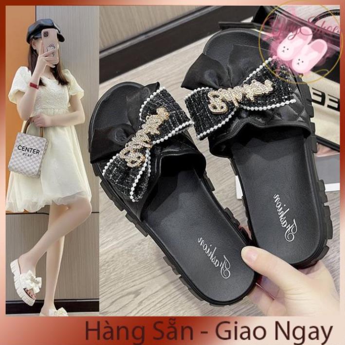 Dép Nữ Quai Ngang Đính Nơ Chữ Độn Đế Răng Cưa Siêu Đẹp
