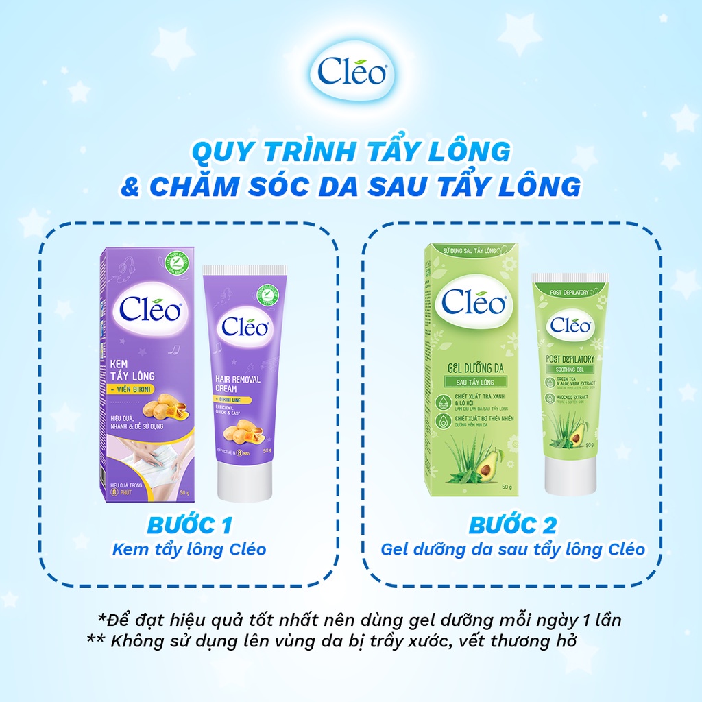 Bộ Kem tẩy lông Bikini và gel dưỡng da sau tẩy lông Cléo, tẩy sạch nhanh, an toàn, hiệu quả, êm dịu 50g/tuýp