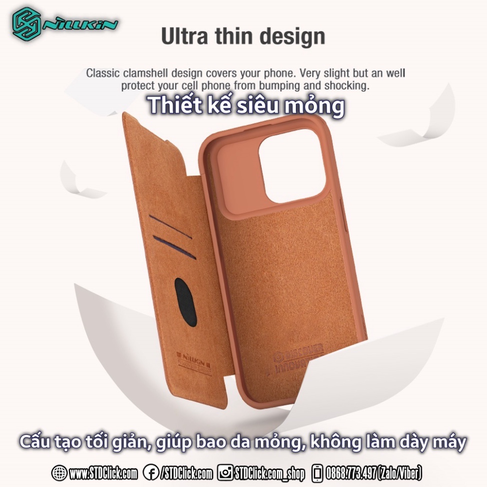 BAO DA IPHONE 15 PRO MAX - 15 PRO NILLKIN QIN PRO leather BẢO VỆ CAMERA CHÍNH HÃNG - hàng chuẩn