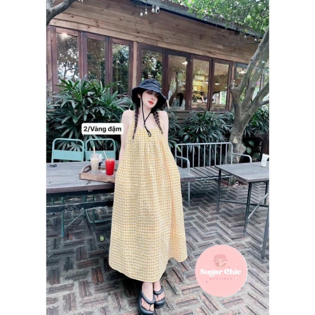 Váy maxi hai dây caro hở lưng phong cách Hàn Quốc, Đầm maxi hai dây đầm caro xếp ly siêu đẹp,Váy 2 dây dáng dài đi biển