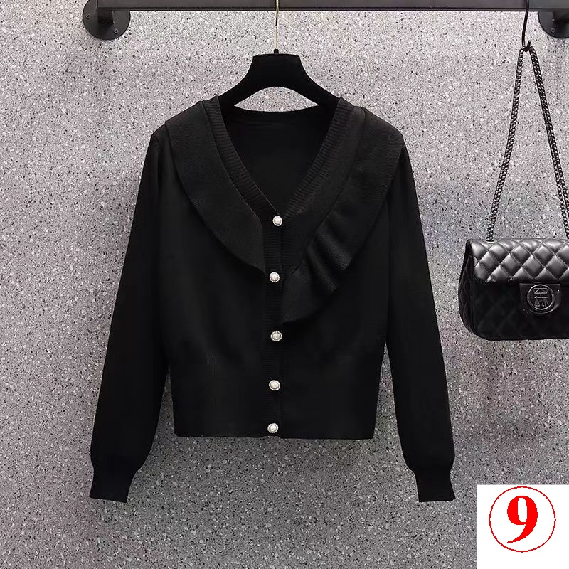 Áo cardigan Dệt Kim Tay Dài Cổ Chữ v Phối Bèo Thời Trang Thu Đông Cao Cấp Cho Nữ