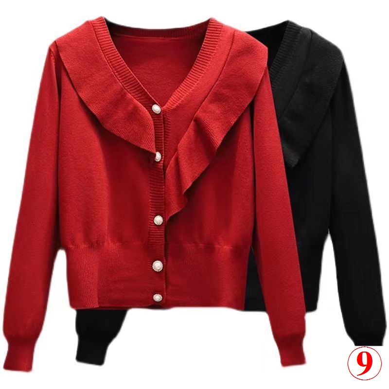 Áo cardigan Dệt Kim Tay Dài Cổ Chữ v Phối Bèo Thời Trang Thu Đông Cao Cấp Cho Nữ