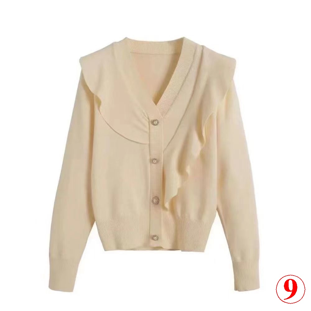 Áo cardigan Dệt Kim Tay Dài Cổ Chữ v Phối Bèo Thời Trang Thu Đông Cao Cấp Cho Nữ