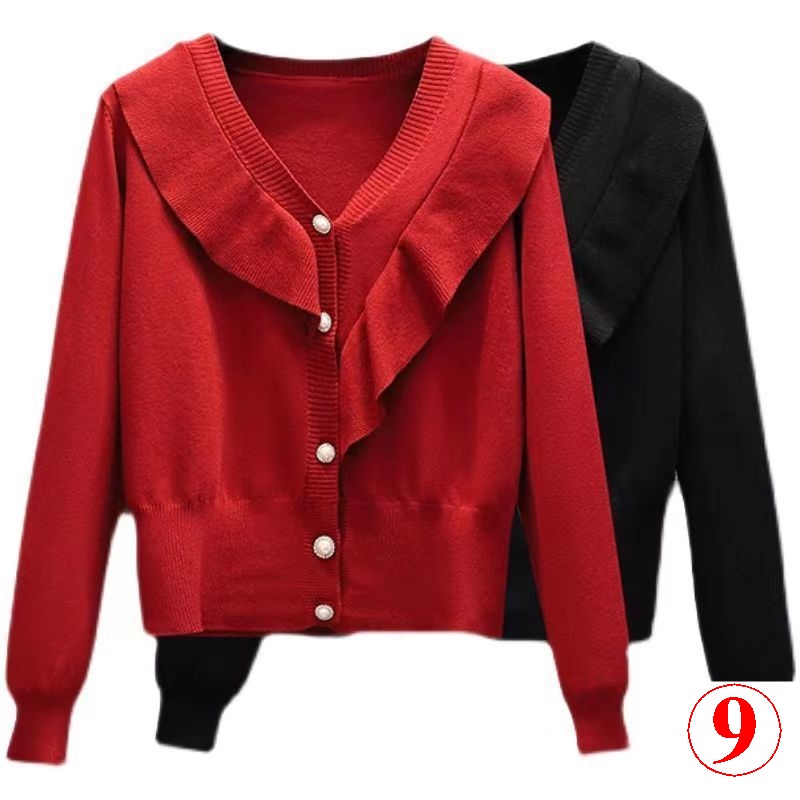 Áo cardigan Dệt Kim Tay Dài Cổ Chữ v Phối Bèo Thời Trang Thu Đông Cao Cấp Cho Nữ