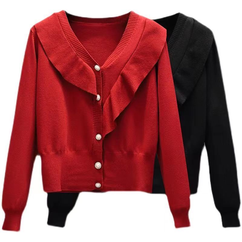 Áo cardigan Dệt Kim Tay Dài Cổ Chữ v Phối Bèo Thời Trang Thu Đông Cao Cấp Cho Nữ
