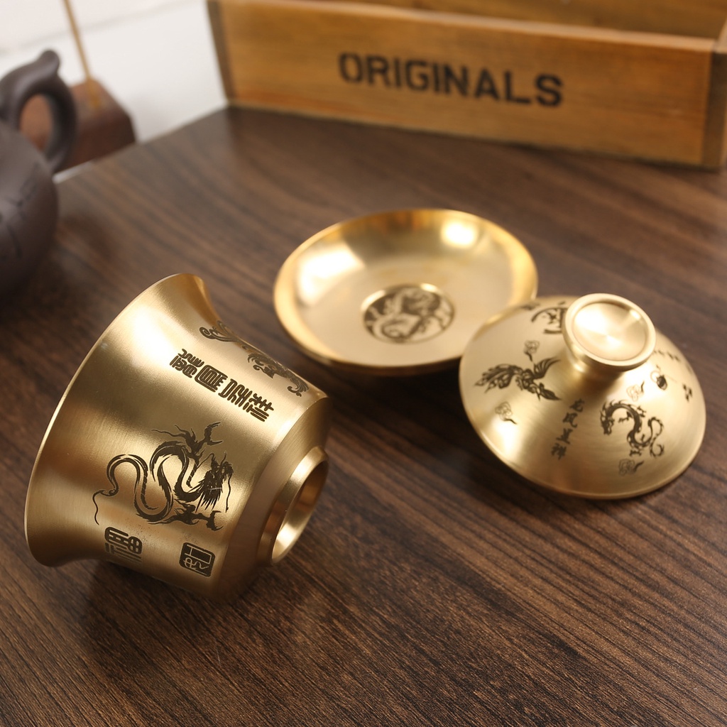 Ly trà 02219 đóng bát 3 màu khoảng 110ml vàng, bát trà đồng trang trí cho hàng thủ công mỹ nghệ, bát trà trăm cây gạt gạo bằng trà nguyên chất bằng đồng.