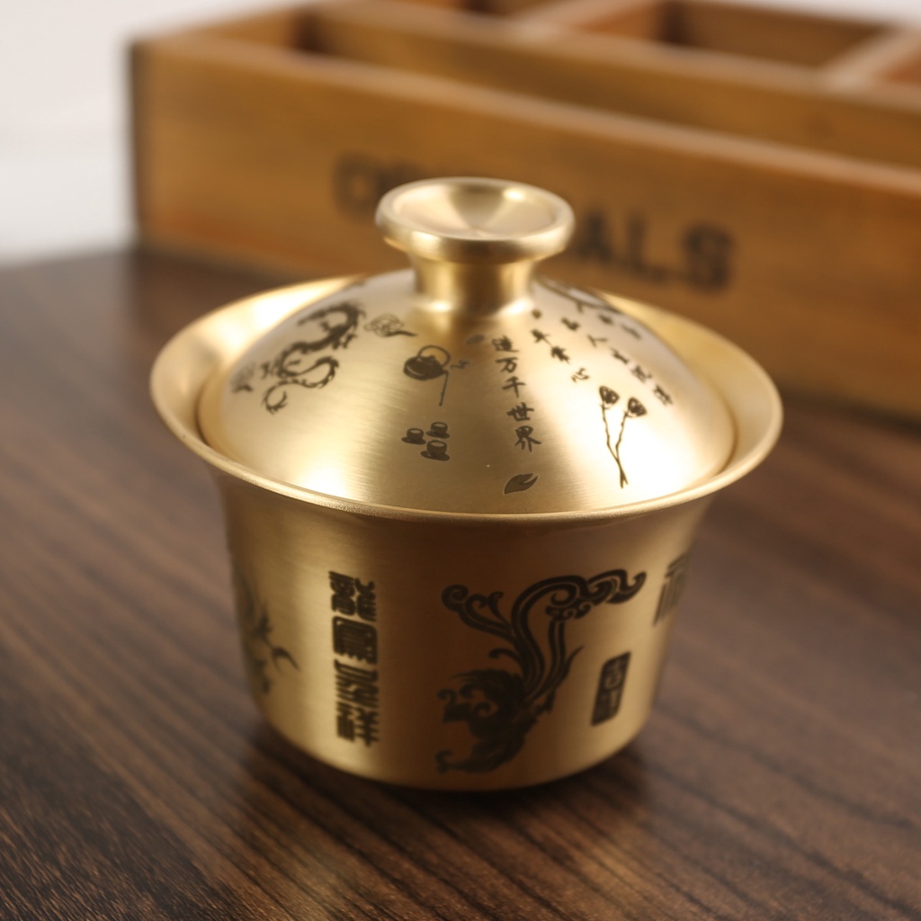 Ly trà 02219 đóng bát 3 màu khoảng 110ml vàng, bát trà đồng trang trí cho hàng thủ công mỹ nghệ, bát trà trăm cây gạt gạo bằng trà nguyên chất bằng đồng.