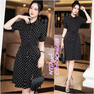 Hàng nhập - Đầm dáng ôm suông nhẹ thun mát lạnh cổ sơ mi, váy xuông Quảng Châu tay ngắn chấm bi sang trọng