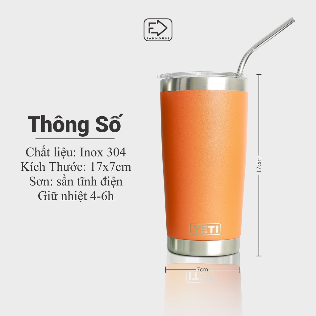 Cốc giữ nhiệt Yeti 18oz khắc tên ly giữ nhiệt 550ml có nắp vỏ sơn tĩnh điện chống xước Fan House tặng ống hút, sticker