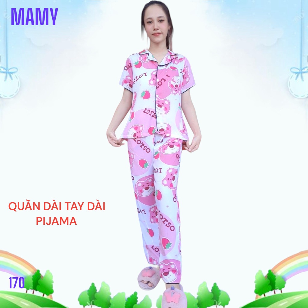 Bộ đồ nữ pyjama quần dài tay ngắn có 4 nút gài từ 40 kí đến 68 kí mặc ở nhà rộng rãi thoải mái. Chất tole lanh 2 da