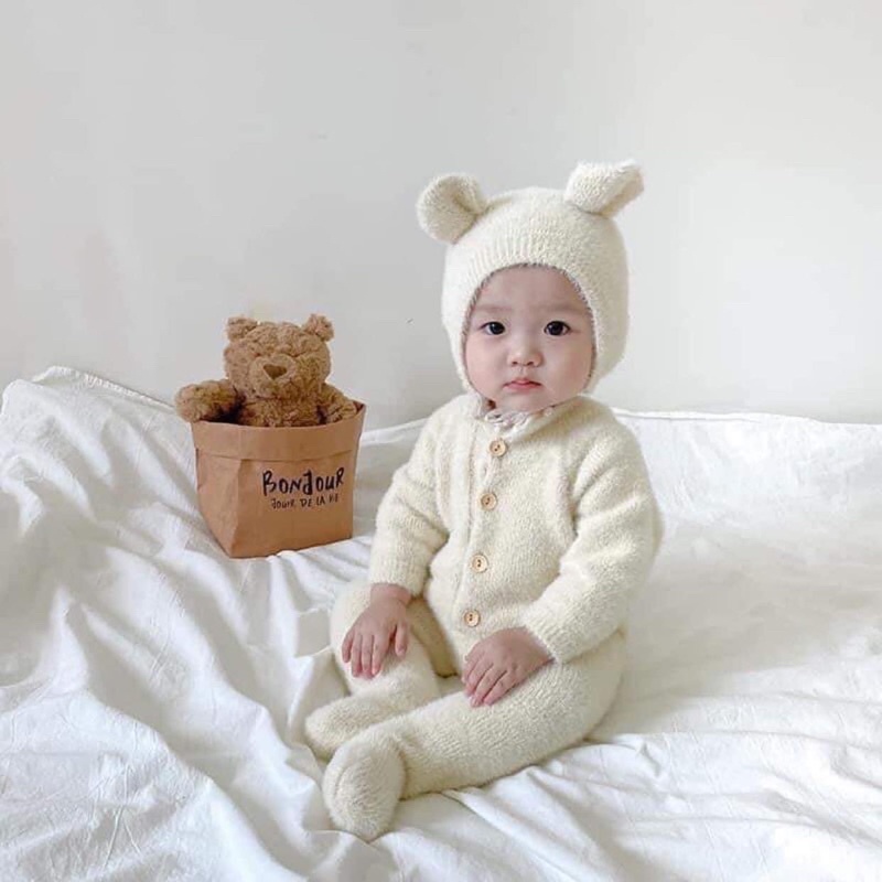 Body suit dài kèm mũ lông thỏ cho bé