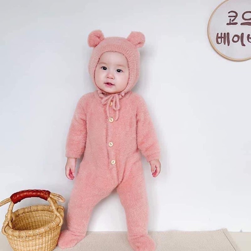 Body suit dài kèm mũ lông thỏ cho bé