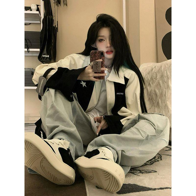 Áo Khoác Dáng Rộng In Chữ Ngôi Sao Màu Sắc retro Đường Phố Mỹ Thời Trang Mùa Thu Cho Nam Và Nữ