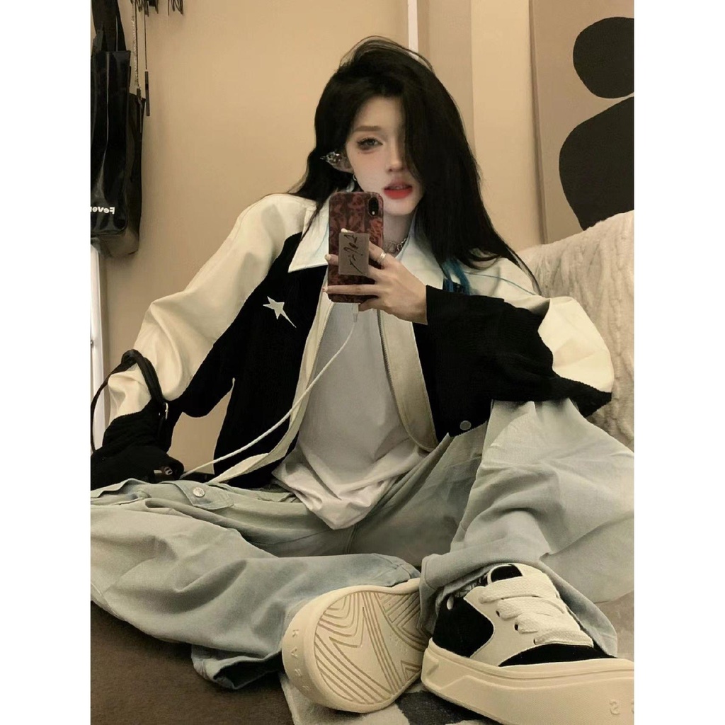 Áo Khoác Dáng Rộng In Chữ Ngôi Sao Màu Sắc retro Đường Phố Mỹ Thời Trang Mùa Thu Cho Nam Và Nữ