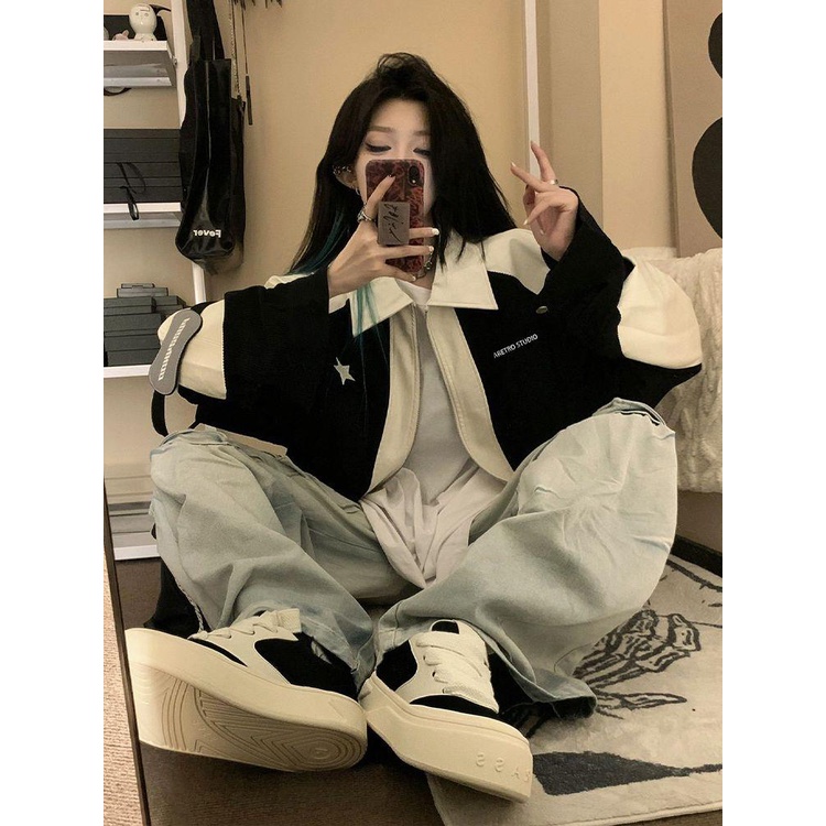 Áo Khoác Dáng Rộng In Chữ Ngôi Sao Màu Sắc retro Đường Phố Mỹ Thời Trang Mùa Thu Cho Nam Và Nữ