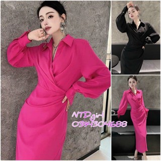 Hàng nhập - Đầm dáng ôm lụa tà xếp nhún li eo, váy body Quảng Châu tay dài cổ sơ mi